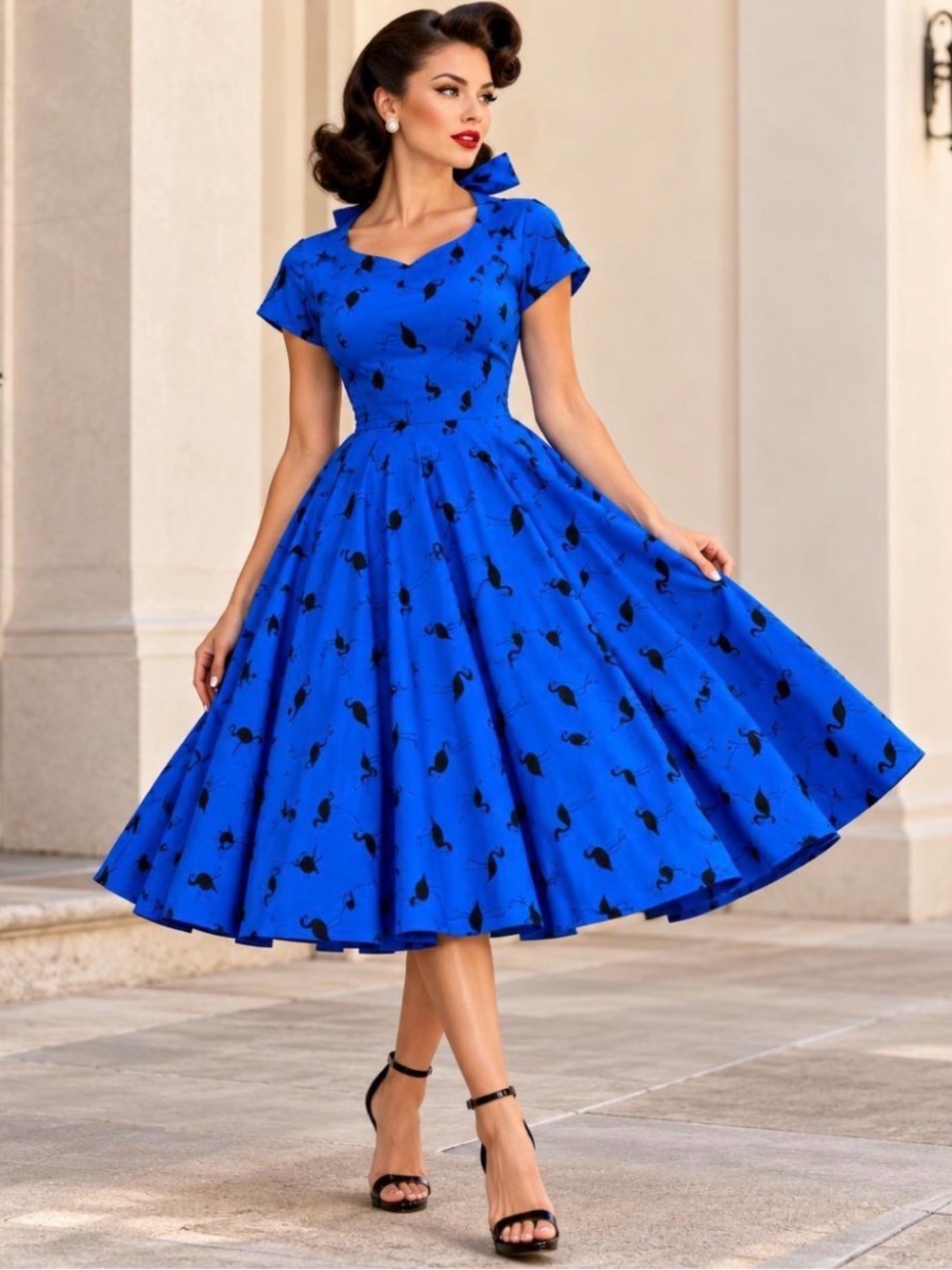 GownTown 1950s Retro Flamingo Swing Dress Blue Black Large